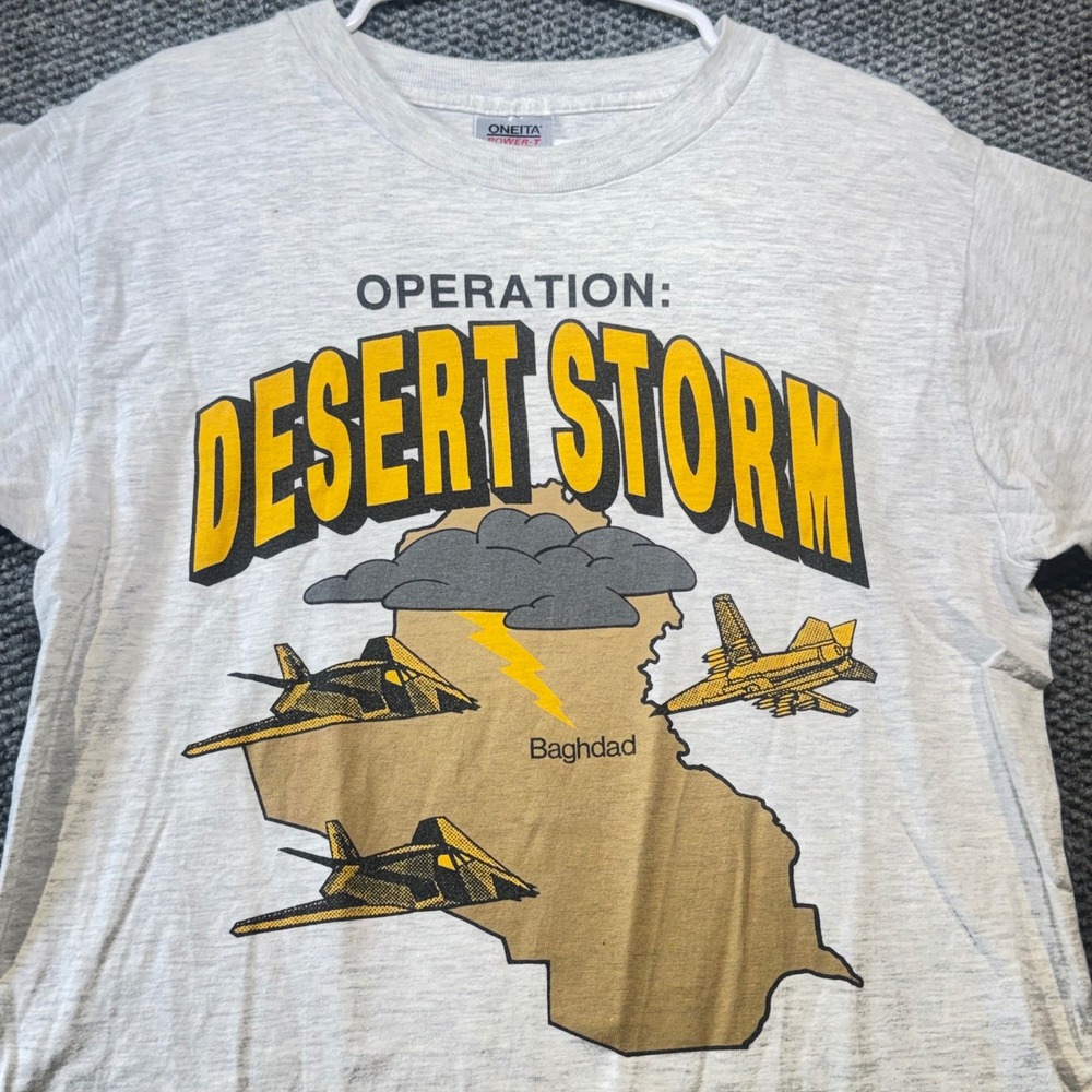 Vintage Oneita Operation Desert Storm Shirt 1991 Military Graphic Gray Large USA